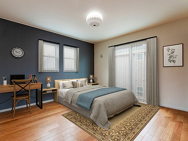 【-】カラーのアクセントクロスを採用しています。壁紙が白一色の単調になりがちなお部屋もおしゃれ感がUP!メリハリが生まれ、室内全体を広く見せてくれます。部屋ごとに色や柄を加えコーディネートされた「空間を楽しむ家」。リラクゼーション効果を高めるグリーンや、落ち着いた印象を与え空間に馴染みやすいグレー系など、視覚的効果は多彩。普段の生活に変化を与えてくれる素敵な工夫。どんなカーテンを合わせるのかも楽しくなりますね。