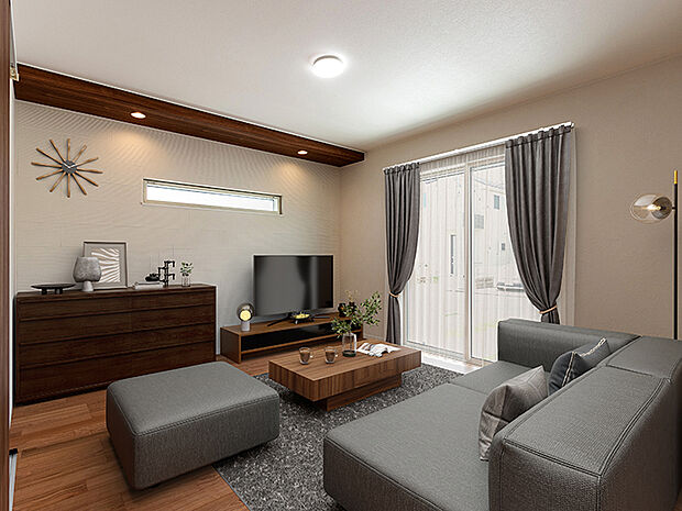 【リビング施工例 ブランピュール栗平 7号棟+CG家具】夏は涼しく、冬はあたたかい、快適な暮らし。大きな窓からは快適な光を取り入れ、通気性能を上げる事で居心地の良い空間を演出します。TAKI HOUSEの家は天然素材を使用し、年中居心地のよい住宅を提供。