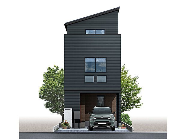 【ＴＡＫＩ　ＨＯＵＳＥの「グリノワール」シリーズ。】ＴＡＫＩ　ＨＯＵＳＥの「グリノワール」シリーズ。ブラックで統一され、直線的な凛とした佇まいが印象的な外観。風合い豊かな自然素材とインダストリアル、調和の中に余裕とこだわりを感じる邸宅です。（施工例）