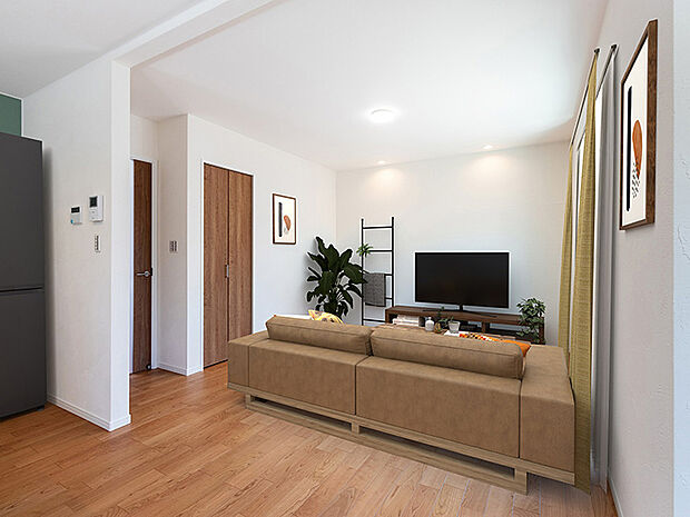 【リビング　施工例】リビングイン階段を採用。家族やお客様との会話を楽しみ、時にはうたた寝をしたりして寛ぐなど、多くの時を刻むリビング。何気なく過ぎる時間でさえも上質な１ページとなる快適な空間です。