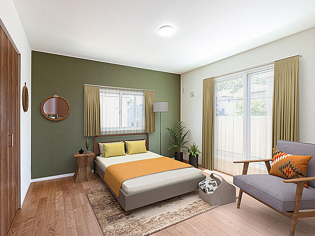 【主寝室　施工例】室内の一部、一面のみカラーのアクセントクロスを採用しています。お部屋ごとに印象が変わり、普段の生活に変化を与えてくれる、お洒落な工夫です。カーテンを選ぶのが楽しくなりますね。