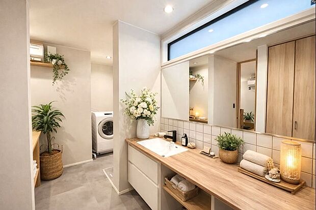 【洗面（モデルハウス）】木の温もりを感じる造作洗面台が上質な印象を演出。広々としたカウンターと大きなミラーが、朝の身支度を快適に整えます。収納力も備えた、機能性とデザイン性を兼ね備えた洗面空間です。
