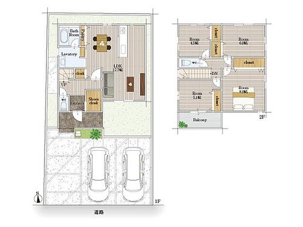 【１号地プラン】
シューズクローク、パントリー、リビング収納、各居室収納など、収納豊富で心地よく暮らせる間取りです。