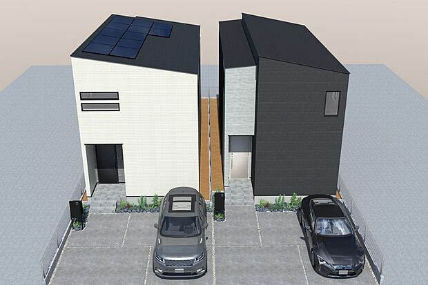 ■CGイメージパース/（右から）1号地、2号地外観パース■（建物未完成のためイメージパースです）