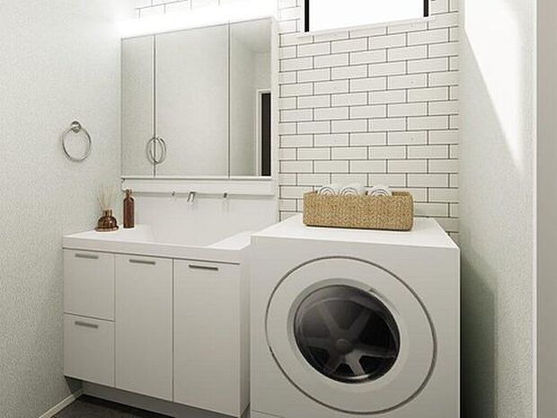 【洗面室イメージパース】収納多めで使い勝手のよい洗面室。明るく清潔感溢れる空間です。アクセントクロスでさらに印象的な雰囲気に！