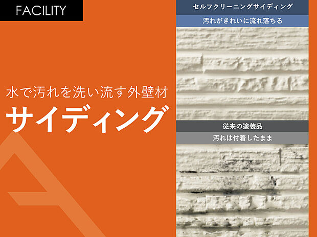 【水で汚れを洗い流す外壁材「サイディング」】外壁に付着した汚れを雨水で繰り返し落とせる『セルフクリーンイング機能』雨が降る事で汚れが落とされ、外壁をいつもきれいに保てますので、外観の美しさを持続させます。