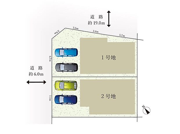 【全体区画図】道路幅6m×19mで、お車の出し入れもスムーズに行っていただけます。駐車は2台可能！ご家族で車を所有しても楽に停めていただけます。