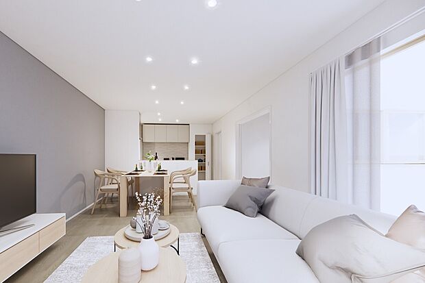 *2号地:内観リビングイメージパース*
リビング続き間和室のある暮らし。4.5帖の和室には便利なクローゼットを設けました。