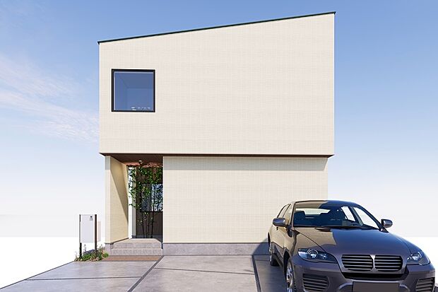 【2号地外観パース】
並列2台駐車可能。玄関ドアを開けると圧巻の吹き抜け。2階にはフリースペース、リビングから眺められる中庭を設け、明るく開放感のあるハイセンスな住まい。