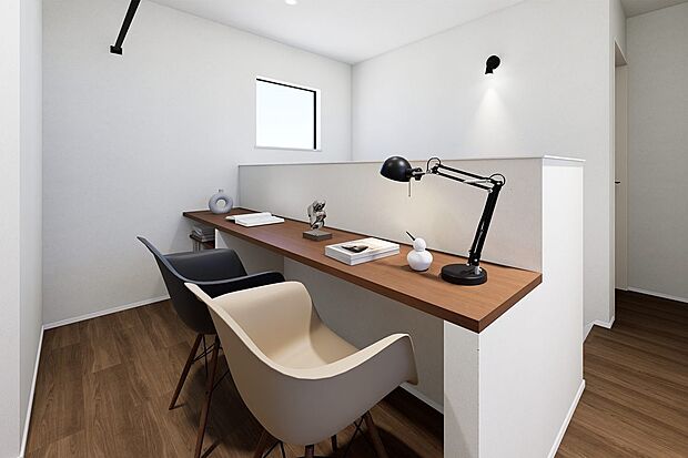 【内観イメージパース：２階カウンター】
家族みんなで使えるカウンター。時間帯や花粉を気にせず干せる室内物干しスペースとしても活用できます。