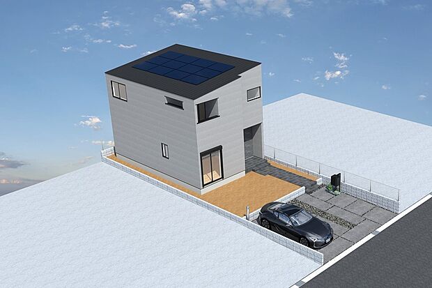 【1号地鳥瞰イメージパース】
太陽光システム搭載。電気料金の高騰や、災害時への備え、自然エネルギー有効理由などの意識の高まりから注目されています。