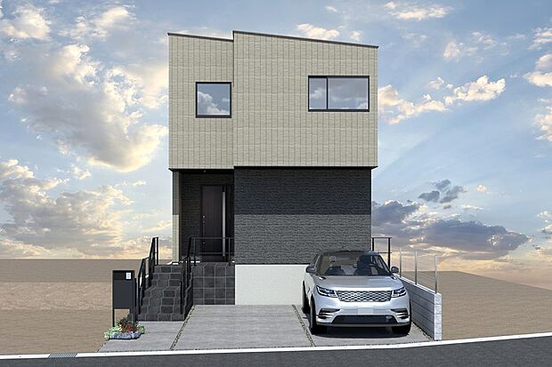 【1号地外観イメージパース】
２沿線利用可能！始発駅の東山線「藤が丘」駅まで自転車9分。２階に４部屋の4ＬＤＫです。主寝室には大型ウォークインクローゼット、カウンターを設けました。