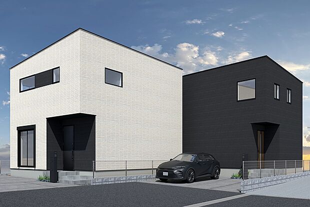 【連棟外観イメージパース(右側1号地、左側2号地)】
瀬戸線「三郷」駅　徒歩10分！フィール(三郷店)まで徒歩4分。通勤通学、毎日のお買い物にも便利な立地です。