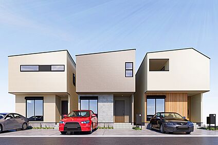 【外観イメージパース(右側1号地、中央2号地、左側3号地)】