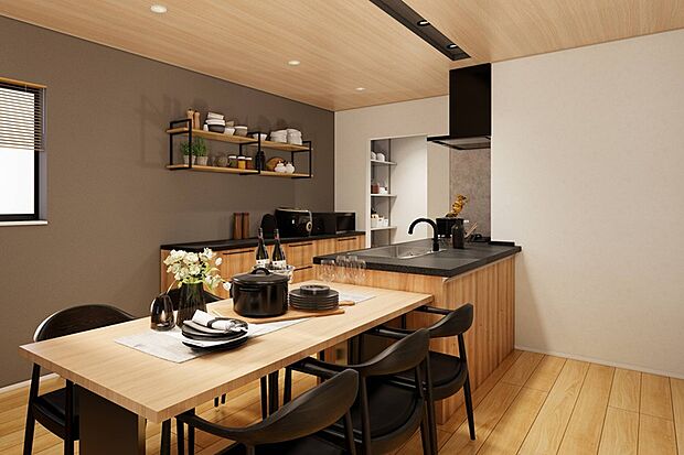 【【内観パース：キッチン】 】キッチンワークトップがブラックで引き締まった空間を演出してくれます。カップボードとオープンシェルフで、洗練されたキッチンに。冷蔵庫はパントリーに配置し、生活感を感じさせません。