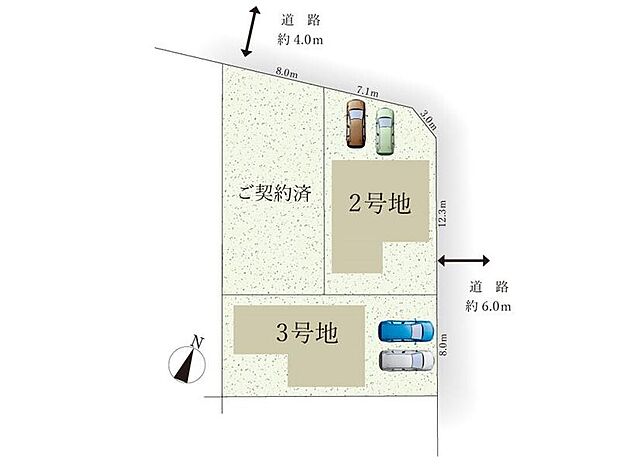 【全体区画図】東側6.0m・北側4.0mの公道に接し、車の出入りも安心。