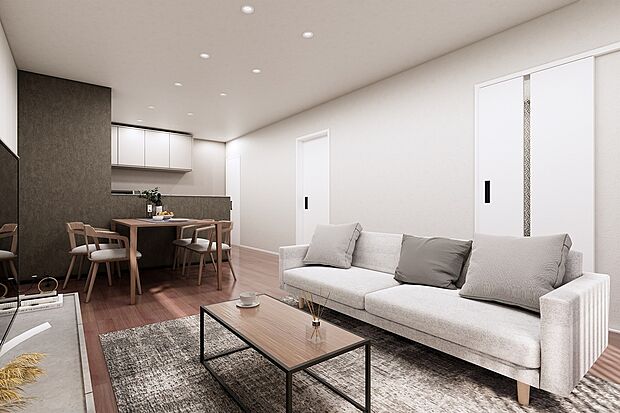 CGパース/1号地内観(イメージ)
南に面した大きな窓から太陽の光が振り注ぐ明るいリビング。大きな窓は電動シャッター!女性の方にも安心。