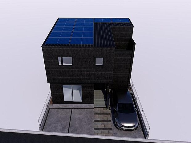 【1号地外観パース】
太陽光搭載。停電時にも電気が使えて安心です。お財布にも環境にもやさしい住まい。
