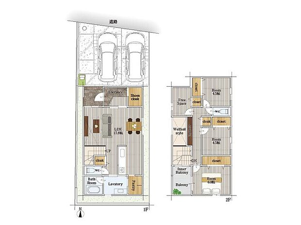 (1号地：ＬＤＫ17.8帖+吹き抜け+ＳＣＬ+パントリー+2階3室＋フリースペース3帖+インナーバルコニー)、価格3490万円、3LDK+S、土地面積111.88m2、建物面積102.28m2