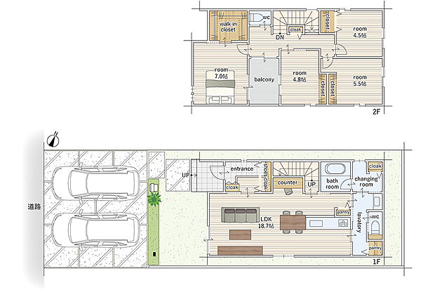 【4LDK】建物面積にはインナーバルコニー部分1.65m2を含む
洗面コーナーと脱衣室を分けることで誰かが入浴中でも家族全員が気兼ねなく使えるようになっております。