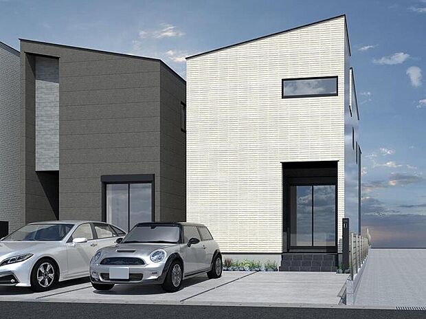 【完成予想図(外観)】【4号地外観パース】
玄関ポーチにゆとりをもたせたプランで傘を差す際に雨に濡れる心配がありません。また雨の日にリビングの窓を開けていても雨が入ってくることが少ないメリットがあります。