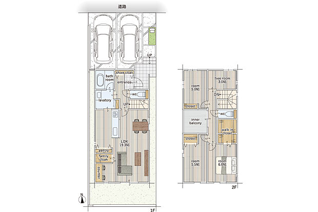 【3SLDK】建物面積にはインナーバルコニー部分2.07m2を含む