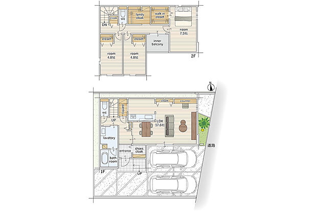 【3LDK】建物面積にはインナーバルコニー部分4.14m2を含む
キッチンを中心に回遊できる間取りは家事動線が短く便利です。
玄関や洗面所、リビング内等、随所に収納スペースを設けました。