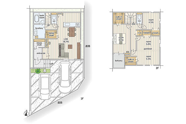 【4LDK】建物面積にはポーチの一部2.49m2を含む
1階には大容量の収納スペースとカウンターデスクがございます。
必要に応じて１部屋にも２部屋にもできるフレキシブルな洋室あり。