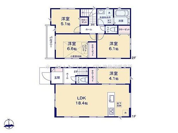 （2号棟）広々18帖超えのLDKは家族が集まる空間。他4部屋で、それぞれのプライベートを保つこともできます。2階のひと部屋には小屋裏収納が付いています♪