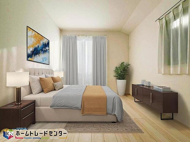南向きの主寝室は採光も明るく風通し共に良好です。ダブルベッドのサイズのベッドを配置しても十分な広さを確保できる寝室です♪※こちらはCGなどで画像生成したイメージ画像となります。