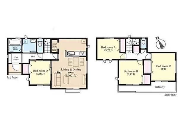【4LDK】書斎・お子様の遊び部屋・来客時の客間など、用途自在の1階居室♪
リビングにいるご家族と会話をしながら料理が作れる対面式キッチン!会話も弾みます♪
たっぷり洗濯物が干せて快適な広々バルコニー♪