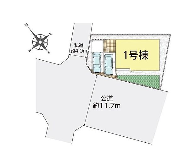 【全体区画図】◎開放感あふれる南西側11ｍ道路♪
◎カースペース並列で2台可能♪（車種による）