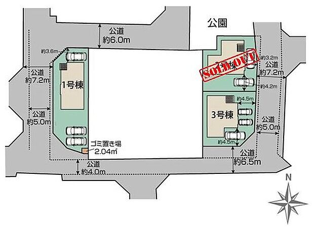 【全体区画図】車種により2～3台駐車可能なカースペース完備（号棟による）☆