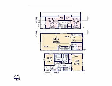 3階建て×2階LDKプラン♪リビングは広々20帖♪2面採光の納戸ルーム完備♪WIC付きで居室として利用可◎急な雨でも安心なインナーバルコニー仕様♪ 