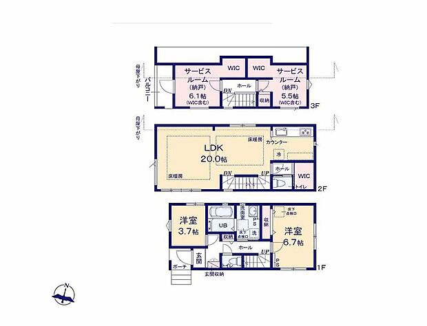 【2LDK+2S】3階建て×2階LDKプラン♪リビングは広々20帖♪2面採光の納戸ルーム完備♪WIC付きで居室として利用可◎急な雨でも安心なインナーバルコニー仕様♪