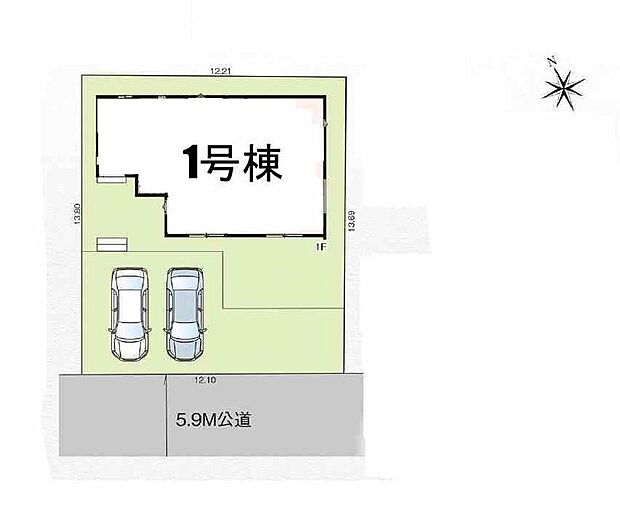 【全体区画図】◎並列2台駐車可能なカースペース完備
◎前道は約5.9m。お車の出し入れもラクラク
