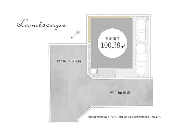 【区画図】
6m道路×4.5m道路の角地ため開放感のある立地です!
カースペース2台分あり(うち1台は軽自動車対応)