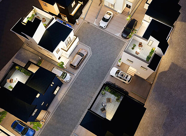 【完成予想パース｜夜】全棟にポール灯を設置しており、安心感のある暮らしをサポートします。