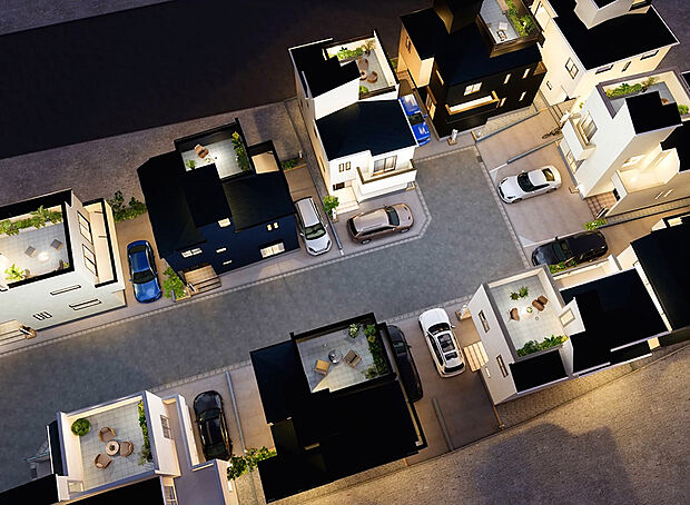 【完成予想パース｜夜】ポール灯が設置されており、帰宅時も明るく安心。夜間でも安全にお帰りいただけます。