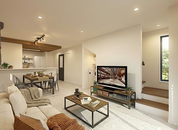 LDK※完成イメージパース■ゲストに自慢したくなる、こだわりのデザイン！ 天井に高低差があることで、空間に奥行きが生まれ、LDK全体が単調にならずグッと引き締まります。