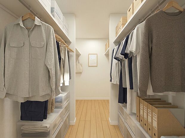 WIC※完成イメージパース ■主寝室には大容量のウォークインクローゼットを完備。干す・取り込む・たたむ・しまう。洗濯の工程を短縮する理想的な配置で、家事時間を大幅にカット。
