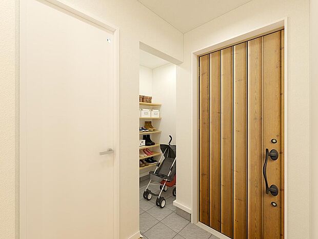 【土間収納(A)※完成予想パース】■家族の荷物が増えても安心。ベビーカーやアウトドア用品も収納できる広々とした土間収納を備えました