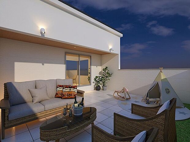 【屋上庭園※完成予想パース(C)】ルーフ付きの広々13.7帖屋上庭園。南向きで、明るく開放的な空間です。