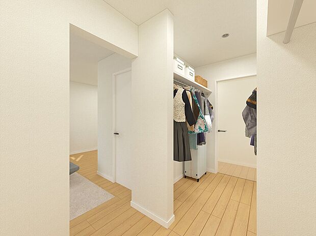 【ファミリークローゼット※完成イメージパース】WICは廊下からも出入りができてファミクロとしても活用できます。家族みんなの衣類をまとめて収納できたり、お洗濯後の片付けも一箇所で済むので、家事の時短を叶えてくれます。