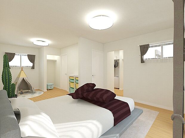 【洋室A・B※完成イメージパース】ライフスタイルの変化に合わせて、いつでも間取りをカスタマイズできます。（※壁取付は有償工事となります）干す・取り込む・たたむ・しまう。洗濯の工程を短縮する理想的な配置で、家事時間を大幅にカット。