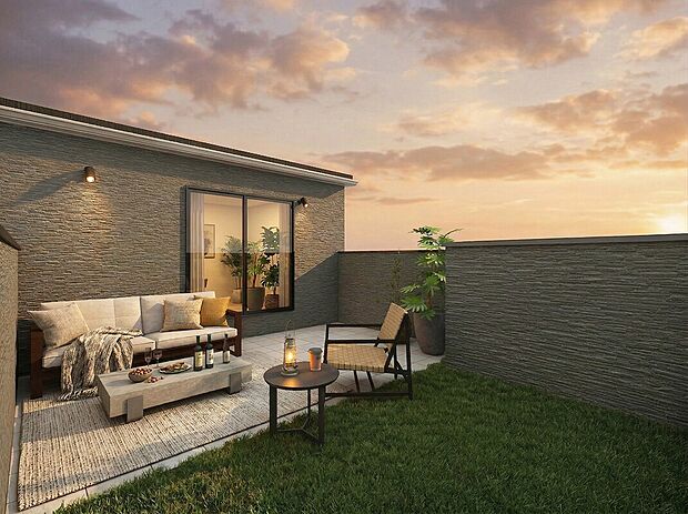 【屋上庭園※イメージパース［B棟］】大人の遊びと、癒やしを満喫。 BBQ、ガーデニング、そして湯上がりの涼みまで叶える、自由な空のテラス。