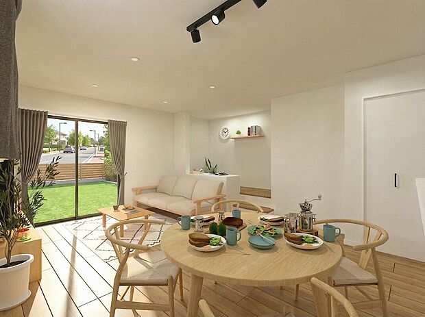 【LDK※イメージパース［C棟］】リビングには、２つ収納がついているので文具や掃除用品・ストックなど用途を分けてしまうことが出来ます。