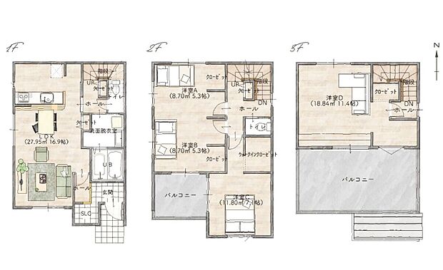 【参考プラン】建物プラン例A(SL)
建物価格2569万円、建物面積112.41m2(33.93坪)
※資材高騰により価格が変動する場合がございます。