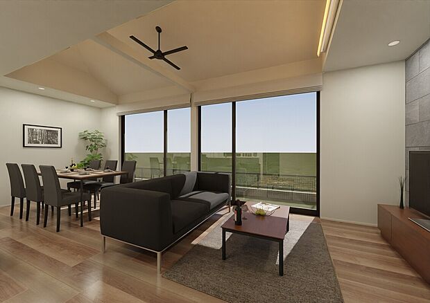 吹抜け勾配天井と、2つの窓を並べて5m幅の大開口が開放感あるLDK。ゆとりと団らん時間を過ごせます