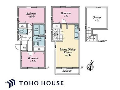 3580万円、3LDK、土地面積68.92m2、建物面積68.88m2 
2階リビングにつきプライバシーに配慮されています。約6帖の小屋裏収納に加え、各洋室にクローゼット付きで片付けやすい間取り。
1階に洗面室や浴室が配され、帰宅動線もスムーズです。 